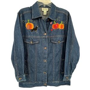 The Quacker Factory‎ Womens Denim Jacket Autumn Thanksgiving Scarecrow Pumpkins